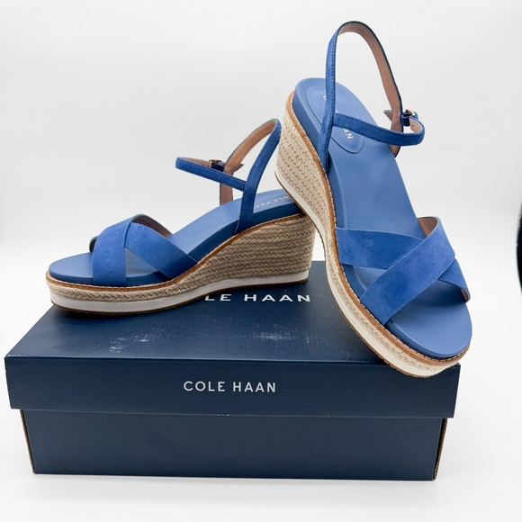 Cole Haan Cloudfeel Silvee Espadrille Wedge Sandals Blue Suede Comfort 8.5 NEW - Picture 3 of 16